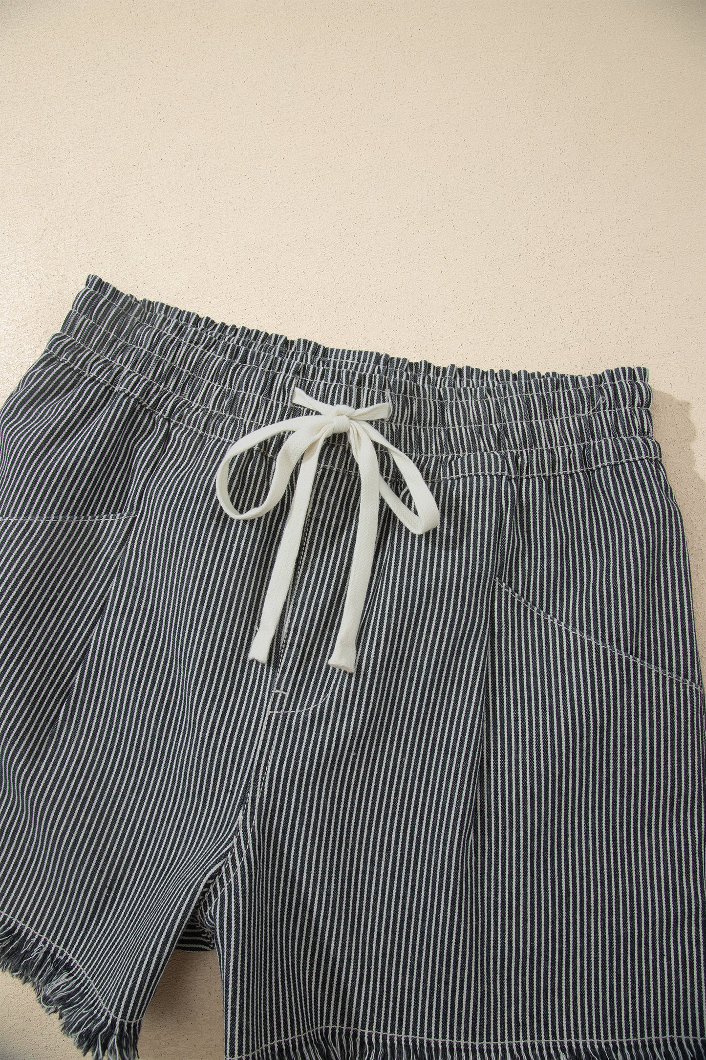 Black Stripe Raw Edge Drawstring Elastic Waist Casual Denim Shorts-Bottoms/Denim Shorts-[Adult]-[Female]-2022 Online Blue Zone Planet