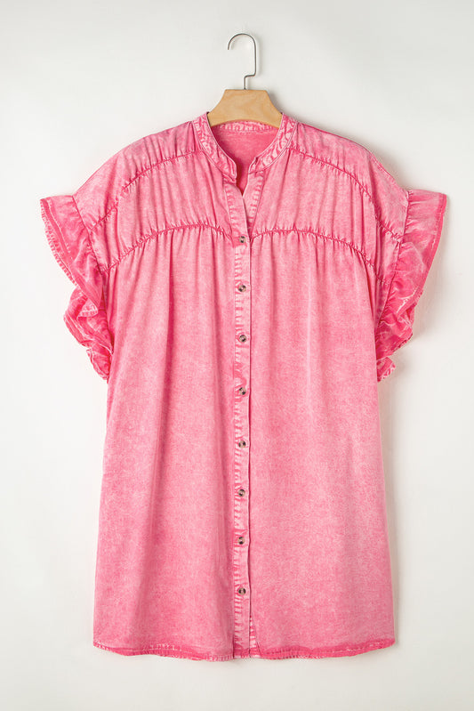 Ruffled Notched Cap Sleeve Denim Dress-TOPS / DRESSES-[Adult]-[Female]-Pink-S-2022 Online Blue Zone Planet