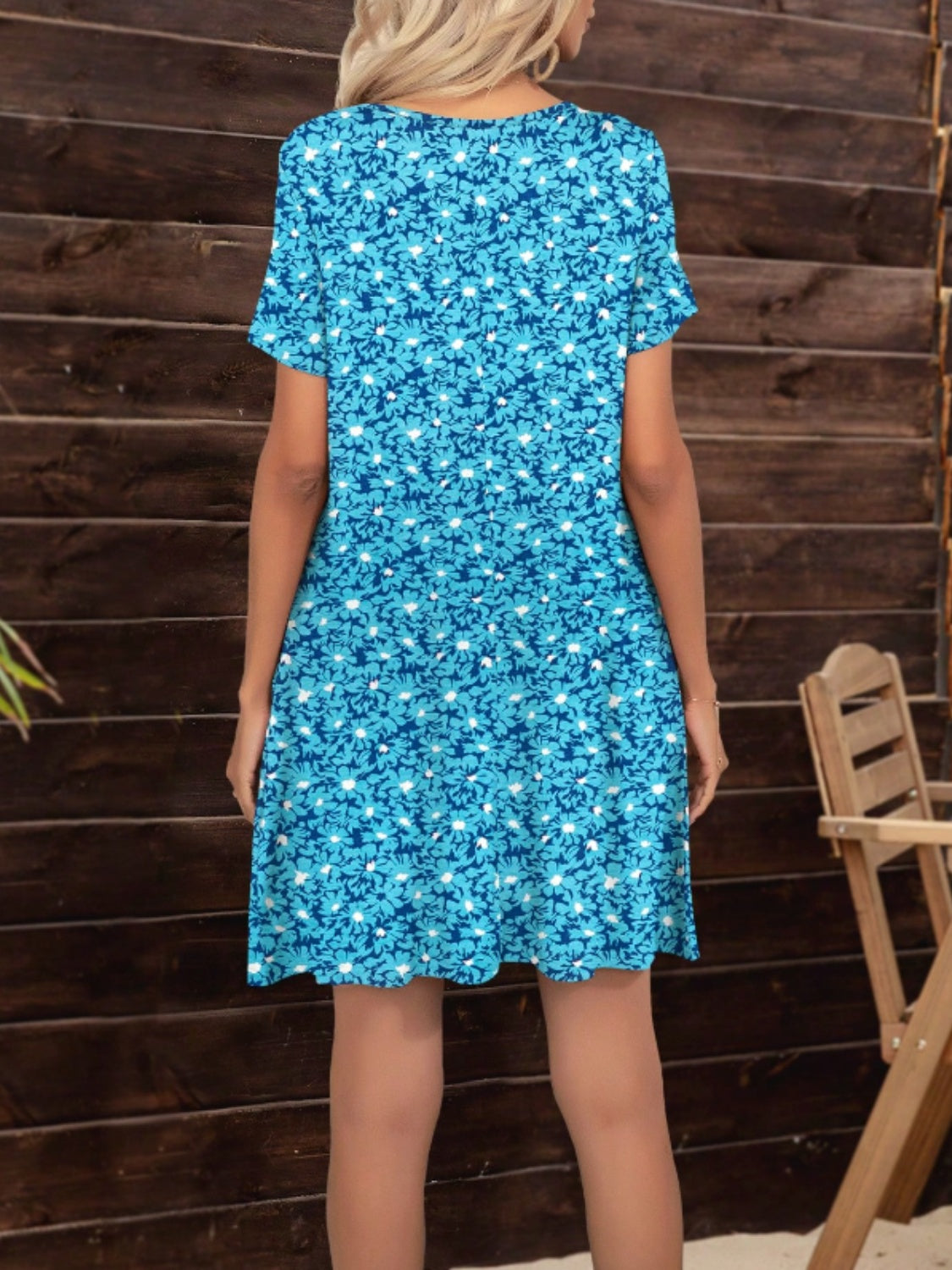 Pocketed Printed Round Neck Short Sleeve Mini Dress-TOPS / DRESSES-[Adult]-[Female]-2022 Online Blue Zone Planet