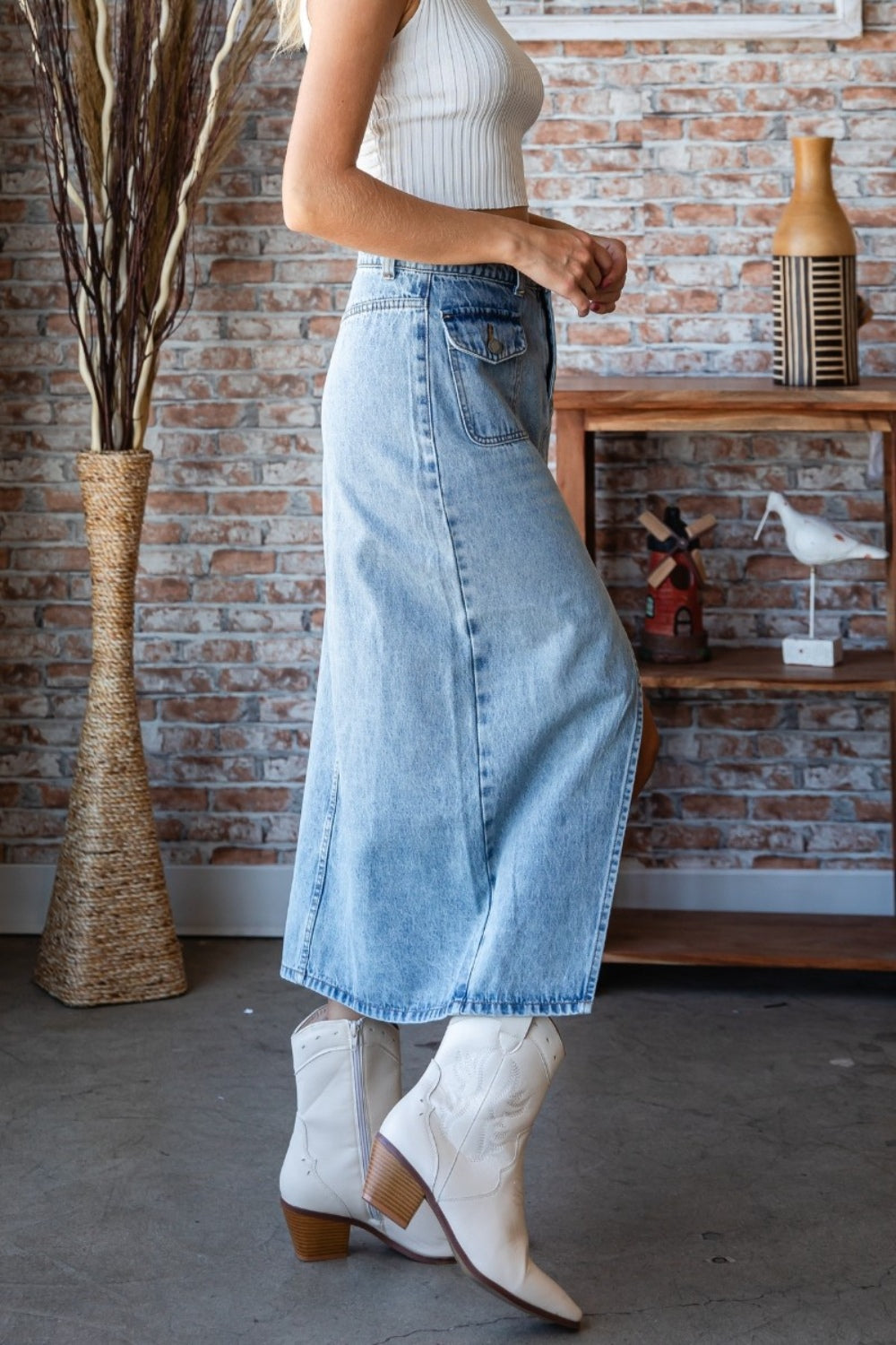 Veveret Slit Mid Rise Waist Denim Skirt-[Adult]-[Female]-2022 Online Blue Zone Planet