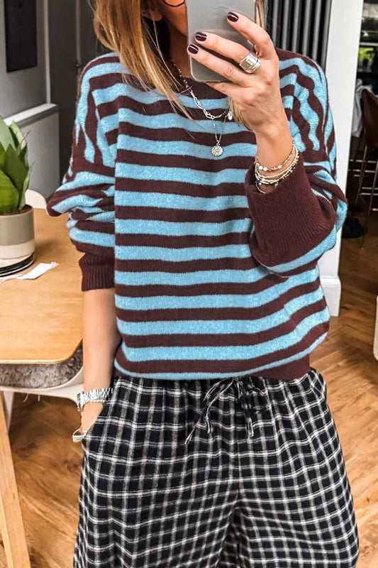 Brown Stripe Color Block Loose Crew Neck Cuffed Sweater-Sweaters & Cardigans/Sweaters-[Adult]-[Female]-Brown Stripe-S-2022 Online Blue Zone Planet