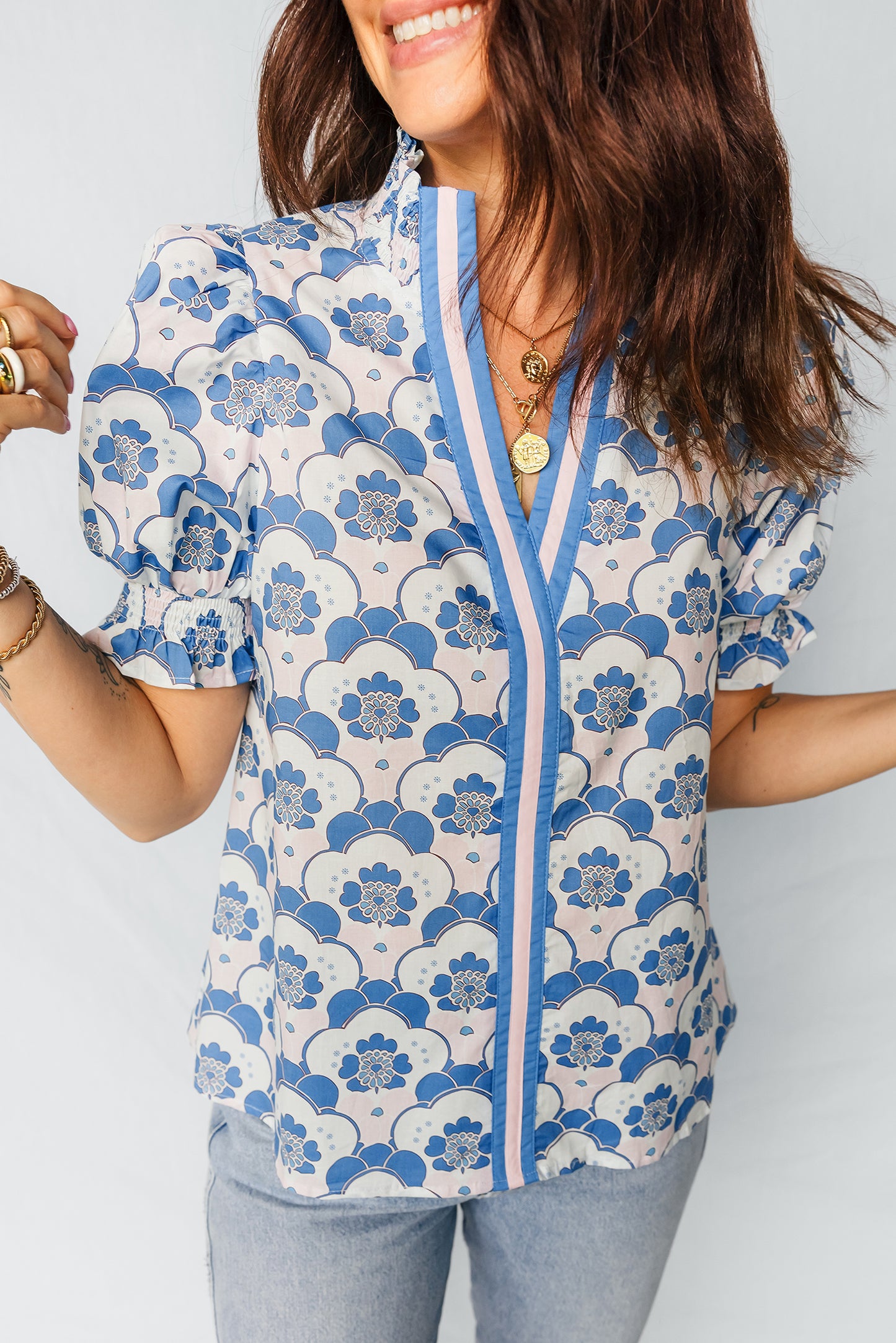 Sky Blue Floral Print Flounced Short Sleeve Contrast Trim V Neck Blouse-Tops/Blouses & Shirts-[Adult]-[Female]-2022 Online Blue Zone Planet