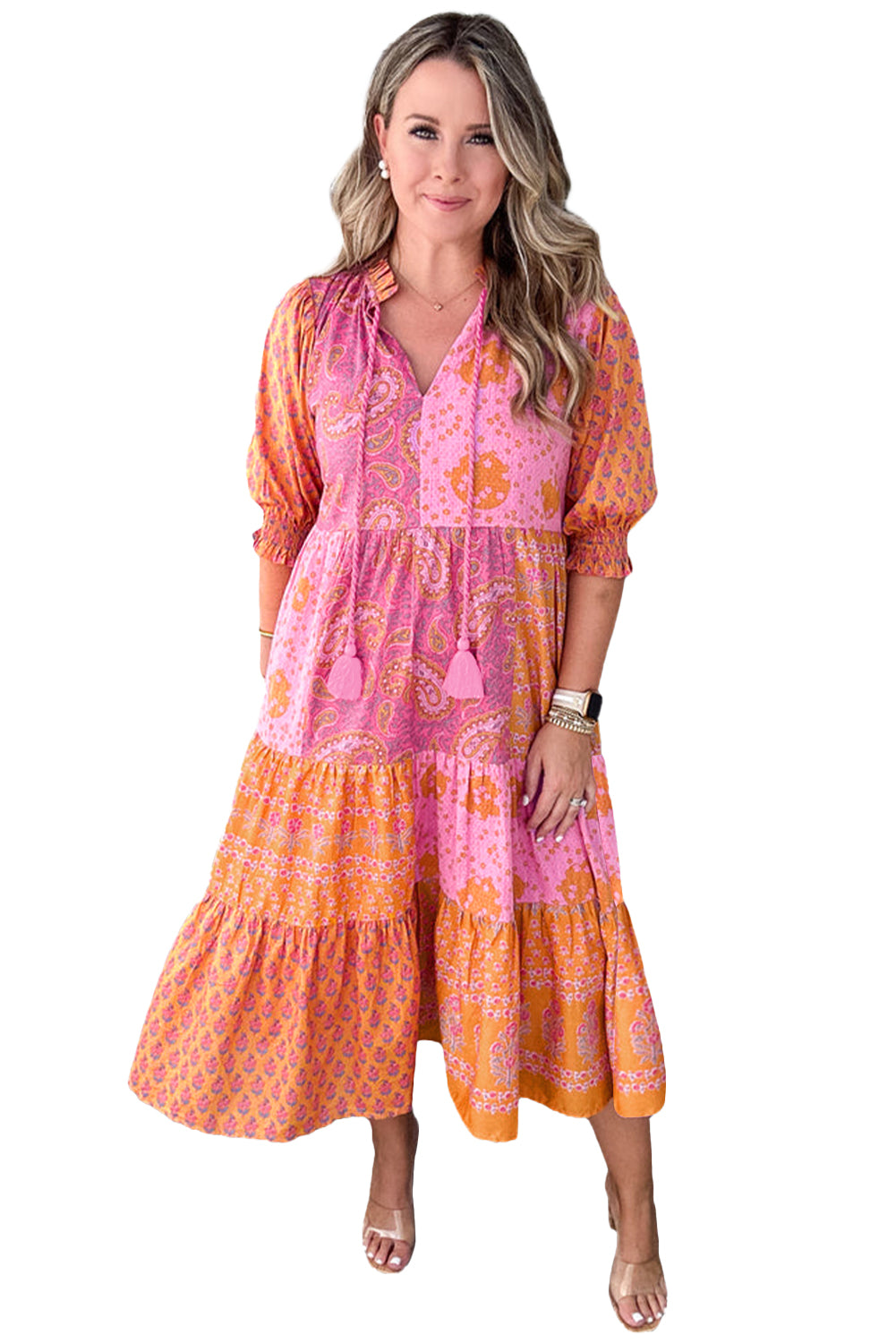 Pink Boho Paisley Floral Patchwork Tassel Tie Plus Size Midi Dress-Plus Size Dresses-[Adult]-[Female]-2022 Online Blue Zone Planet