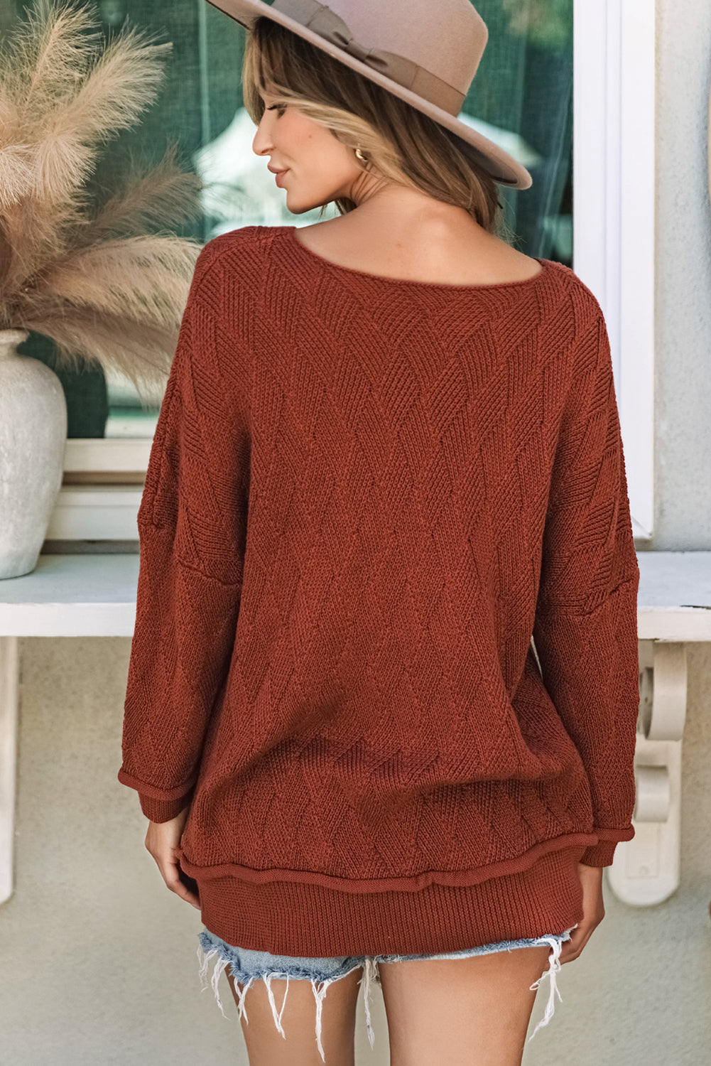 Gold Flame Solid Color Textured Crew Neck Loose Sweater-TOPS / DRESSES-[Adult]-[Female]-2022 Online Blue Zone Planet