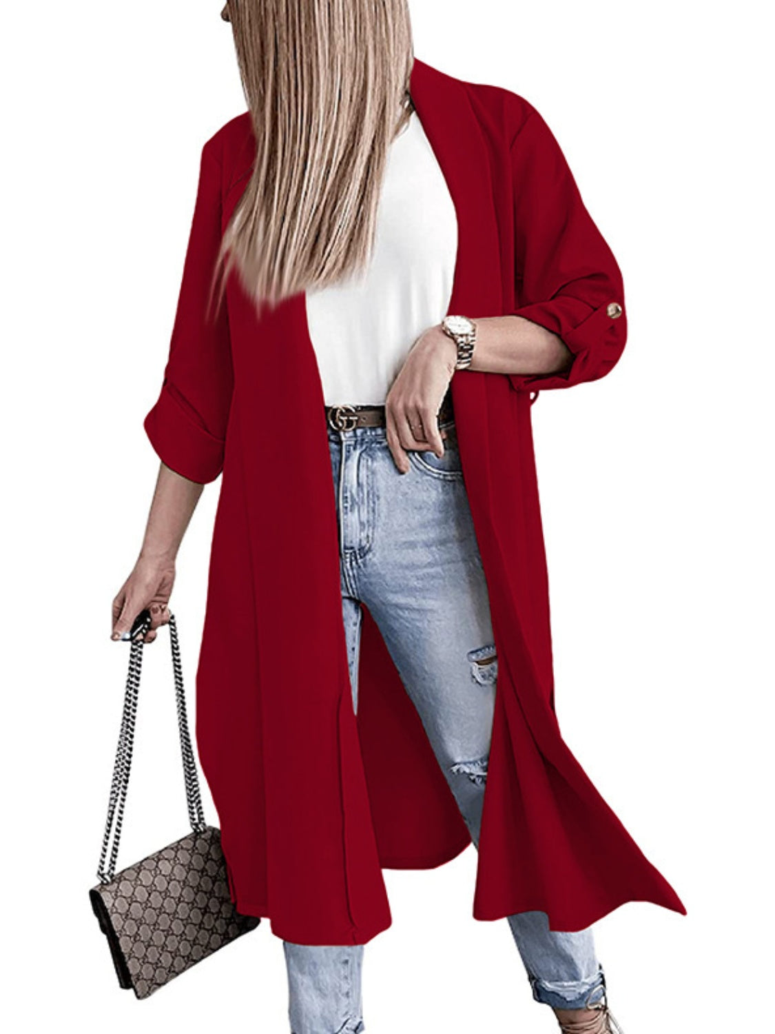 Slit Open Front Roll-Tab Sleeve Trench Coat-TOPS / DRESSES-[Adult]-[Female]-Deep Red-S-2022 Online Blue Zone Planet