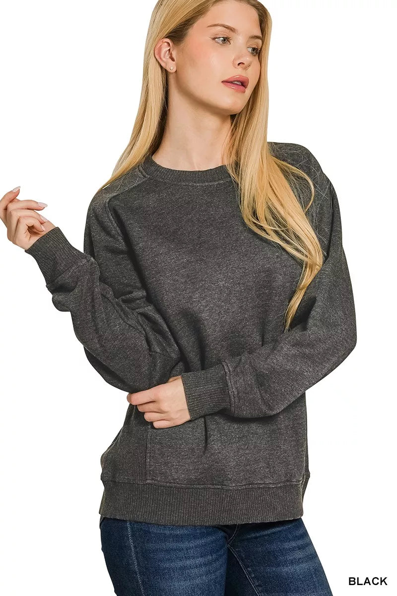 Zenana Acid Washed Fleece Sweatshirt With Side Rib – Blue Zone Planet
