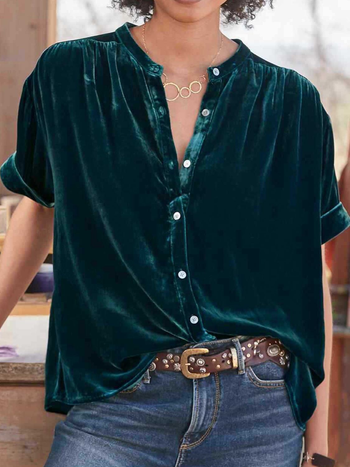 Ruched Round Neck Short Sleeve Shirt-TOPS / DRESSES-[Adult]-[Female]-Dark Green-S-2022 Online Blue Zone Planet