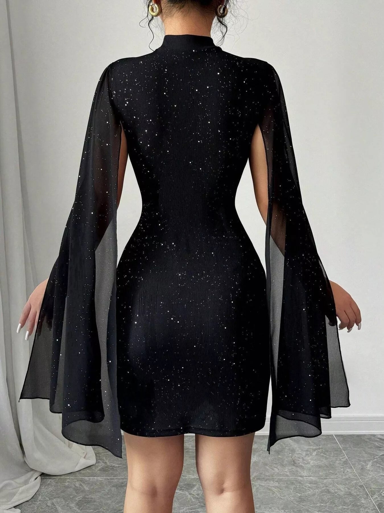 Cutout Bodycon Mini Dress With Cape Sleeves Black / XL