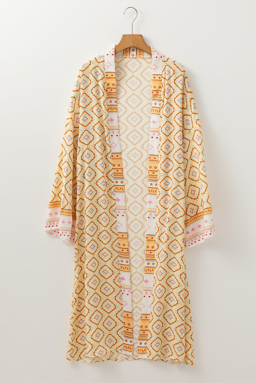 Blue Zone Planet | Yellow Bohemian Geometric Printed Loose Sleeve Long Kimono-Outerwear/Kimonos-[Adult]-[Female]-2022 Online Blue Zone Planet