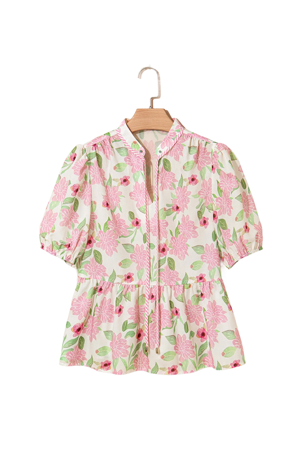 Pink Floral Print Drawstring V Neck Peplum Blouse-Tops/Blouses & Shirts-[Adult]-[Female]-2022 Online Blue Zone Planet