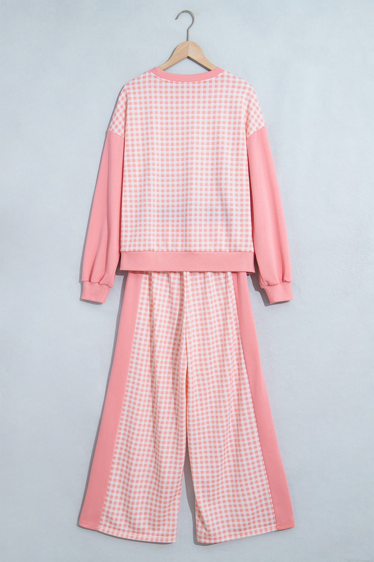 Khaki Color Block Plaid Patchwork Long Sleeve Pullover Wide Leg Pant Set-Two Piece Sets/Pant Sets-[Adult]-[Female]-2022 Online Blue Zone Planet