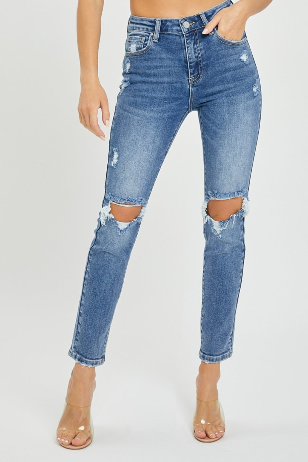 Blue Zone Planet | Risen Full Size High Rise Knee Distressed Skinny Jeans-BOTTOMS SIZES SMALL MEDIUM LARGE-[Adult]-[Female]-Medium-0(24)-2022 Online Blue Zone Planet