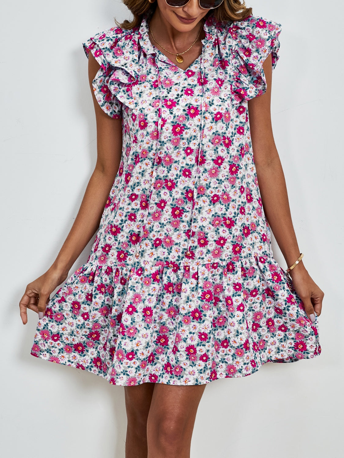 Tied Floral Cap Sleeve Mini Dress-TOPS / DRESSES-[Adult]-[Female]-2022 Online Blue Zone Planet