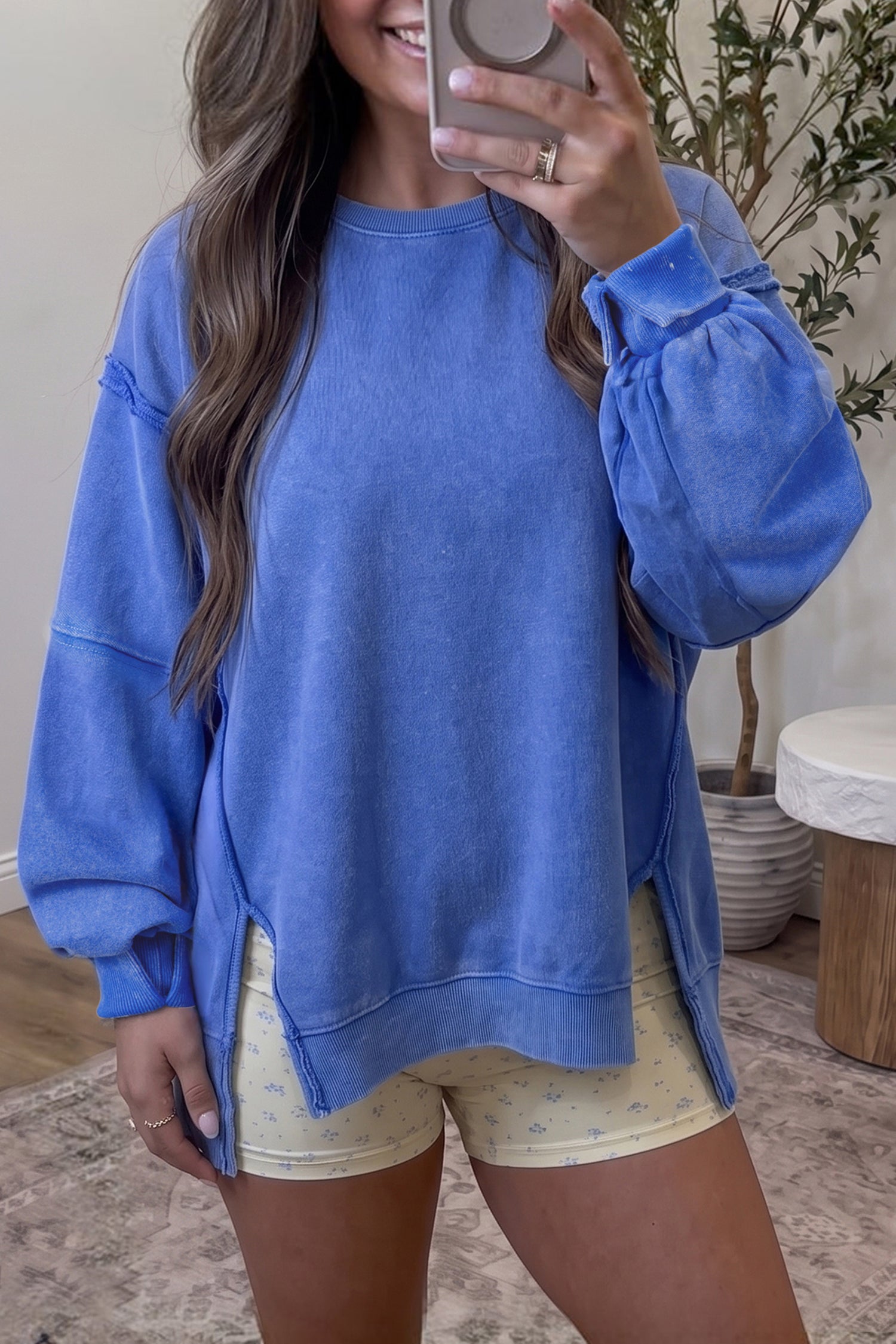 Sky Blue Mineral Wash Split Hem Loose Tunic Sweatshirt-Tops/Sweatshirts & Hoodies-[Adult]-[Female]-Sky Blue-S-2022 Online Blue Zone Planet