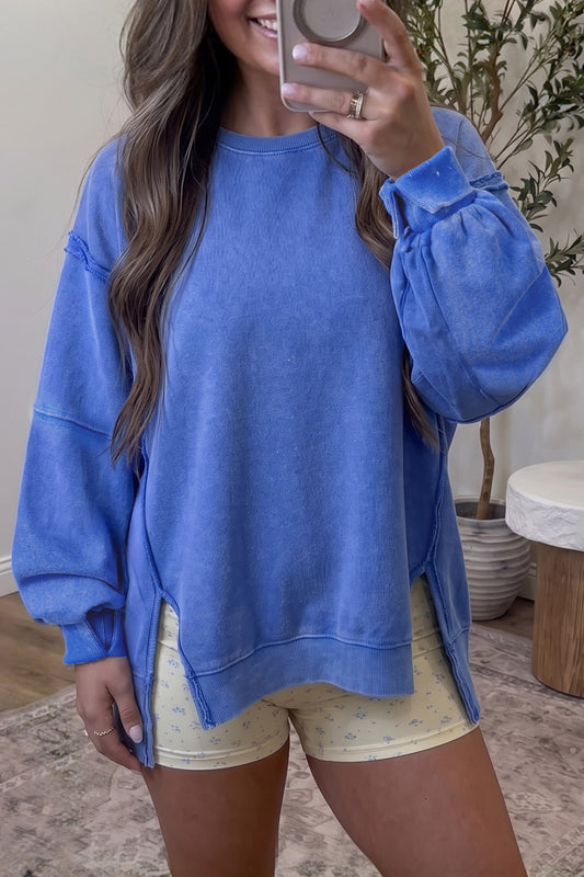 Sky Blue Mineral Wash Split Hem Loose Tunic Sweatshirt-Tops/Sweatshirts & Hoodies-[Adult]-[Female]-Sky Blue-S-2022 Online Blue Zone Planet