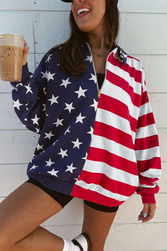 Multicolour Stars Stripes American Flag Zipped Collar Oversized Sweatshirt-Tops/Sweatshirts & Hoodies-[Adult]-[Female]-Multicolour-S-2022 Online Blue Zone Planet