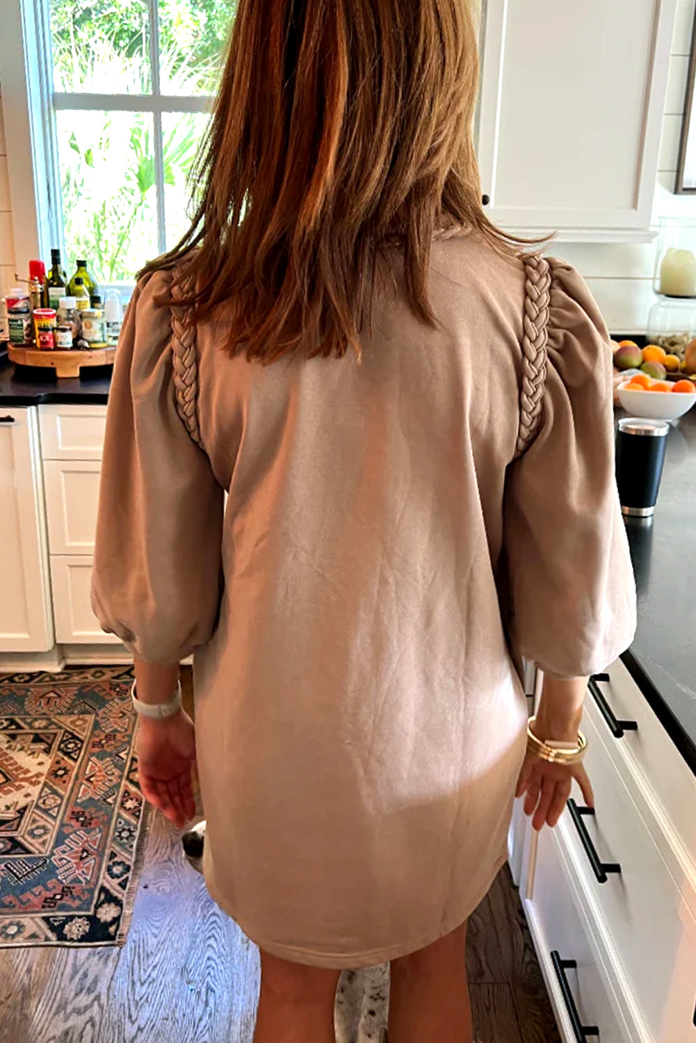 Light French Beige Braided Trim Puff Sleeve Dress-TOPS / DRESSES-[Adult]-[Female]-2022 Online Blue Zone Planet