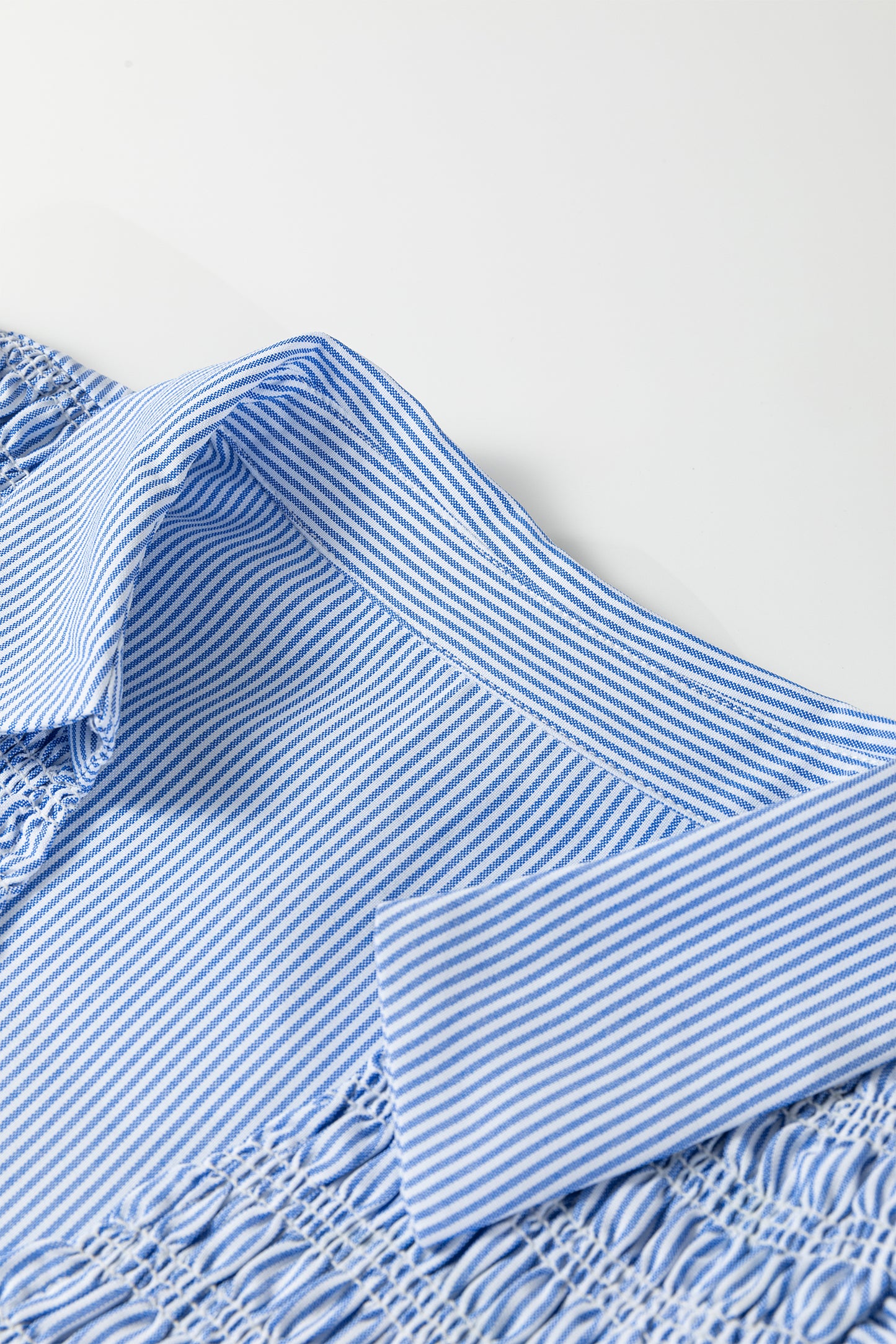 Sky Blue Stripe Shirred Detail Collar V Neck Plus Size Midi Dress-TOPS / DRESSES-[Adult]-[Female]-2022 Online Blue Zone Planet