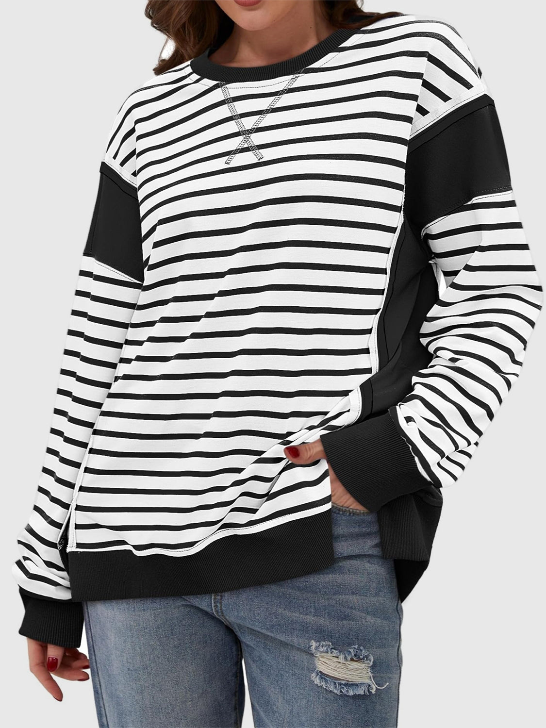 Slit Exposed Seam Striped Long Sleeve Sweatshirt-TOPS / DRESSES-[Adult]-[Female]-2022 Online Blue Zone Planet