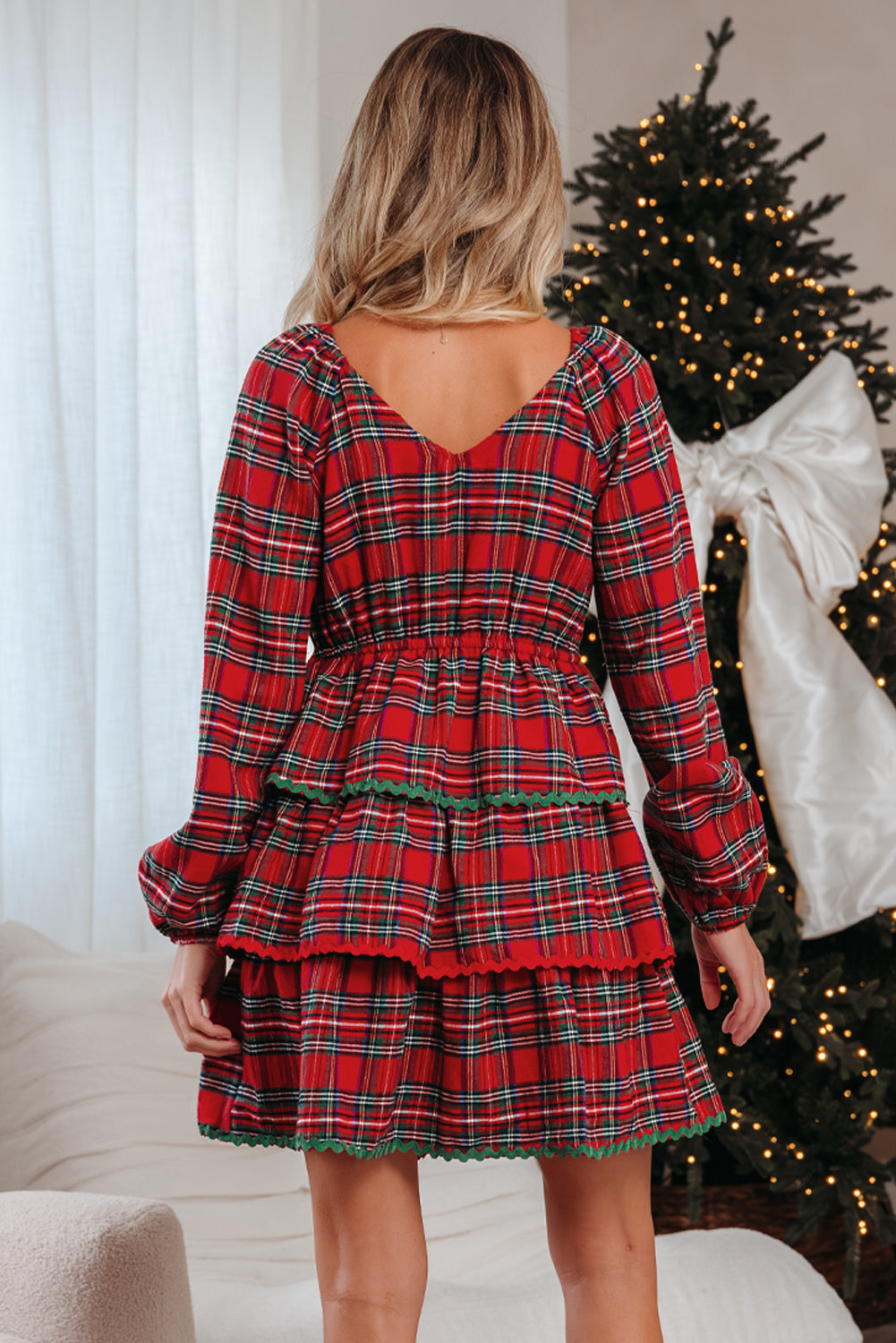 Red Plaid Print Ricrac Tiered Bubble Sleeve Mini Dress-TOPS / DRESSES-[Adult]-[Female]-2022 Online Blue Zone Planet