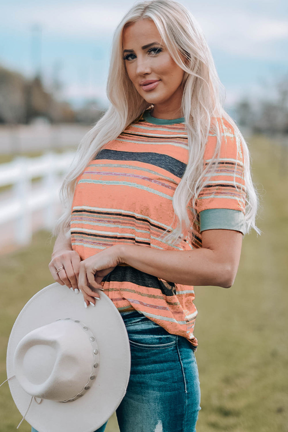 Pink Multicolor Stripes Crew Neck T Shirt-Tops/Tops & Tees-[Adult]-[Female]-2022 Online Blue Zone Planet