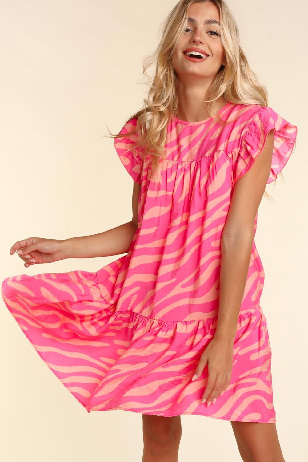 Blue Zone Planet |  Pink Zebra Stripe Printed Ruffle Trim Pocketed Dress Blue Zone Planet