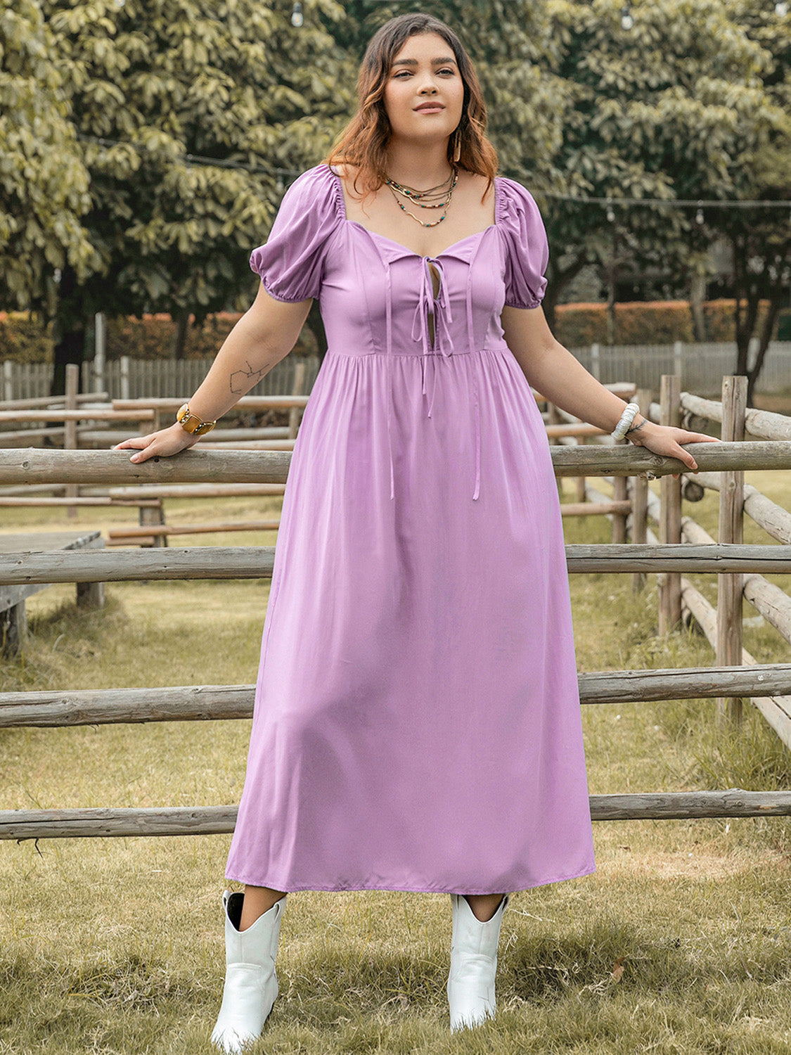 Blue Zone Planet | Plus Size Tie Neck Short Sleeve Dress-TOPS / DRESSES-[Adult]-[Female]-Pink Purple-0XL-2022 Online Blue Zone Planet