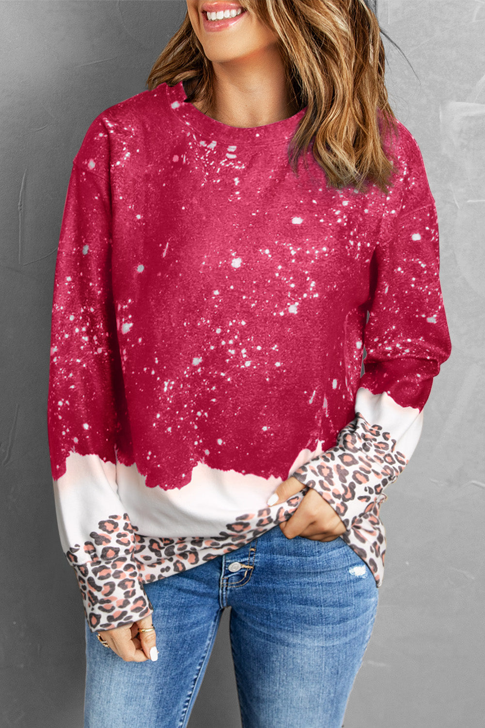 Fiery Red Leopard Bleached Pullover Sweatshirt-Tops/Sweatshirts & Hoodies-[Adult]-[Female]-Red-S-2022 Online Blue Zone Planet