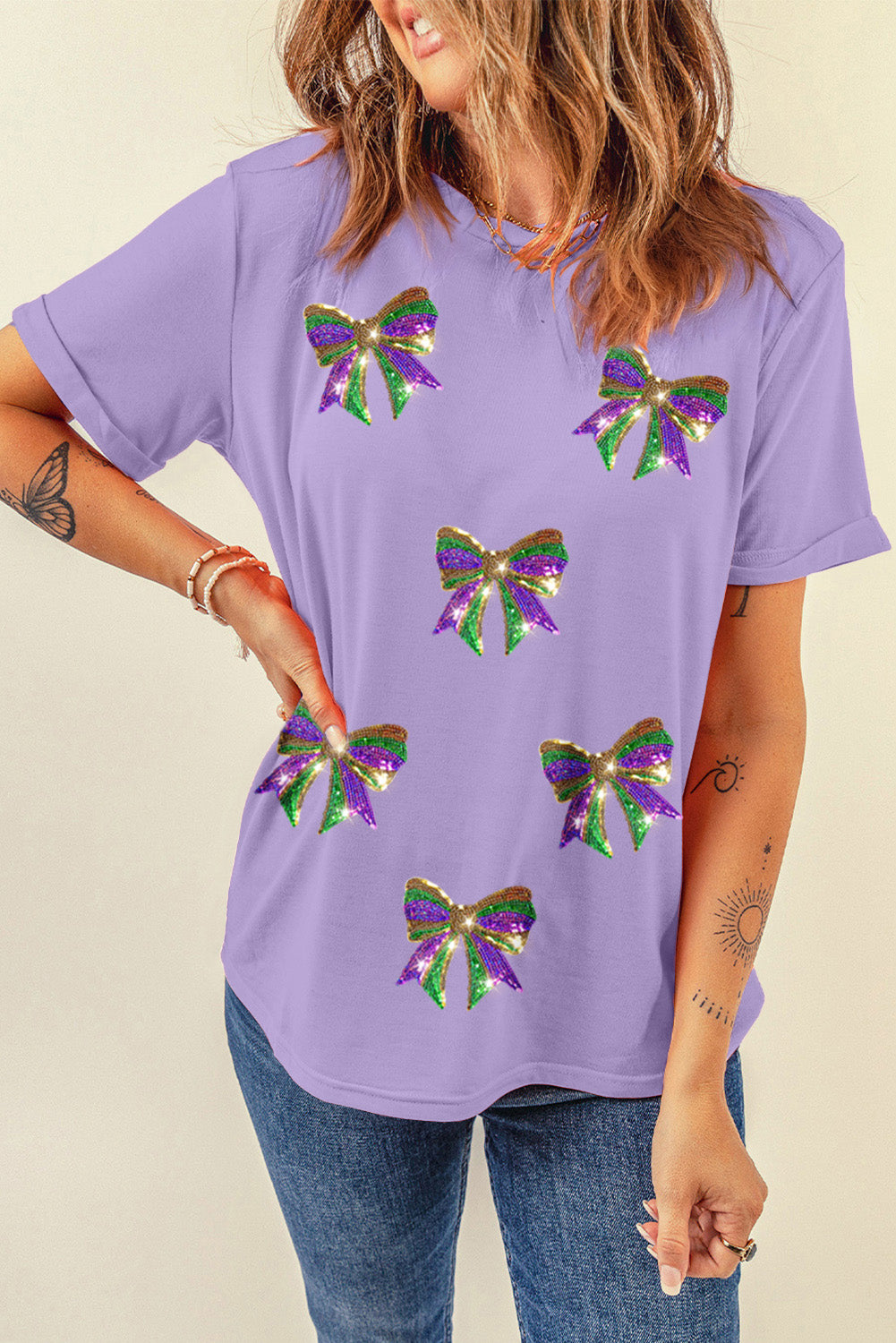 Black Sequin Mardi Gras Bow Graphic Crewneck Tee-Graphic Tees-[Adult]-[Female]-2022 Online Blue Zone Planet