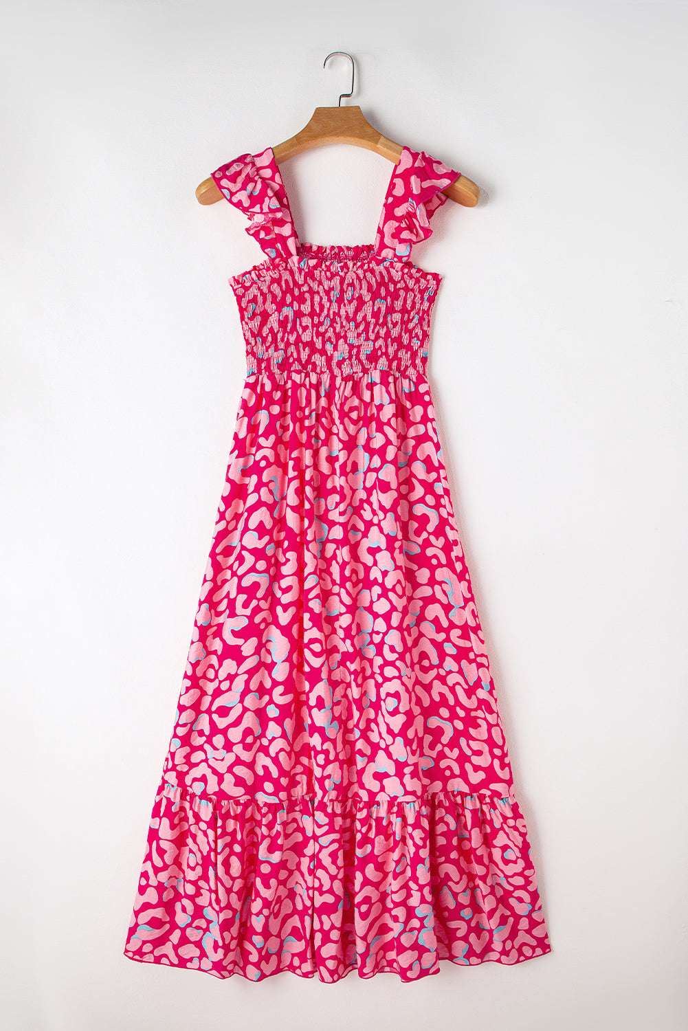 Pink Leopard Ruffle Straps Smocked High Waist Long Dress Blue Zone Planet