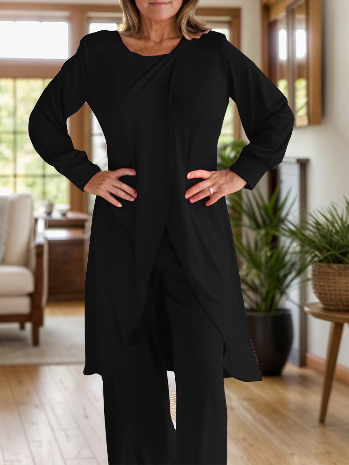 Blue Zone Planet | Full Size Slit Round Neck Long Sleeve Top and Pants Set-TOPS / DRESSES-[Adult]-[Female]-Black-S-2022 Online Blue Zone Planet