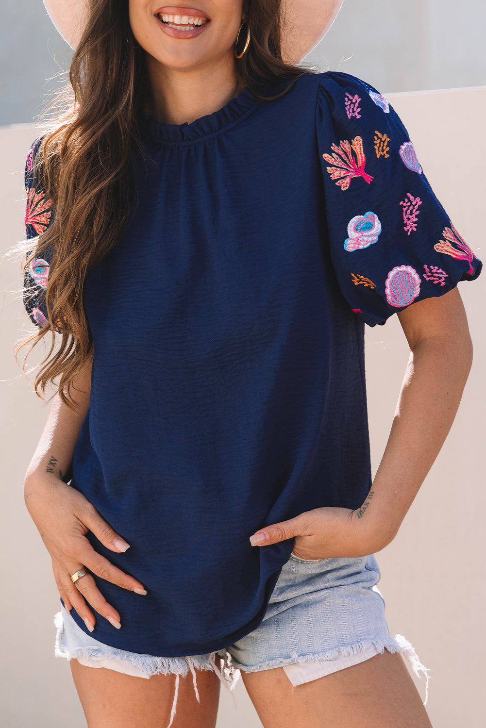 Blue Zone Planet | Sail Blue Shellfish Coral Embroidery Puff Sleeve Frilled Neck Blouse-Tops/Blouses & Shirts-[Adult]-[Female]-2022 Online Blue Zone Planet