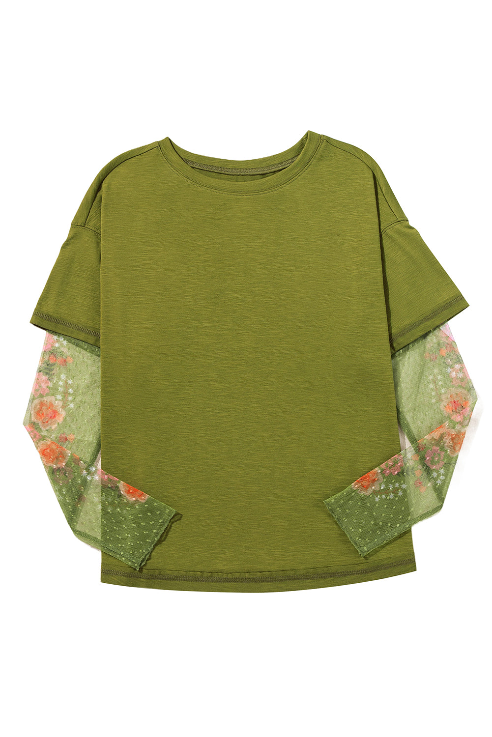 Blue Zone Planet | Fern Green Floral Mesh Patchwork Sleeve Crewneck Top-Long Sleeve Tops-[Adult]-[Female]-2022 Online Blue Zone Planet