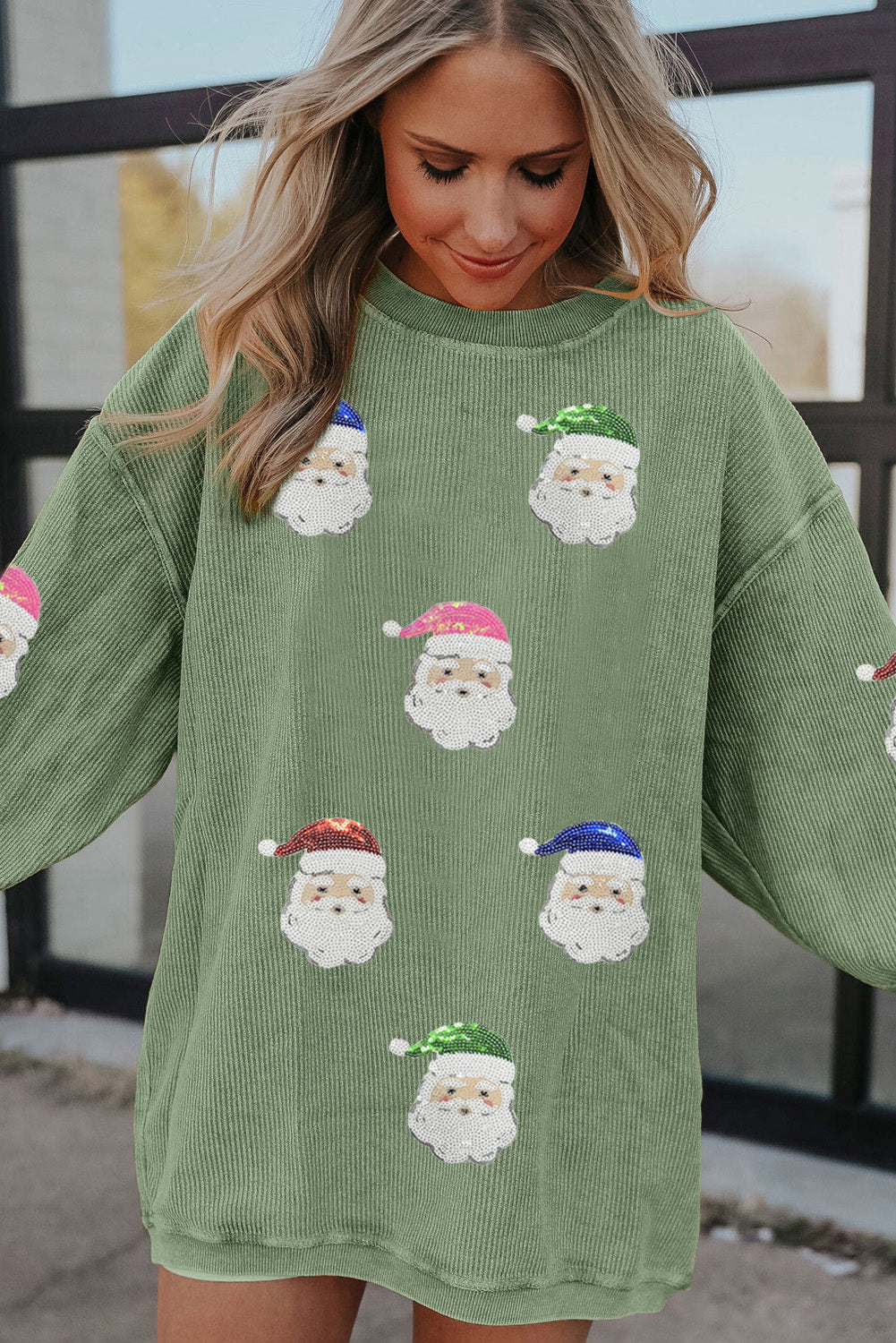 Grass Green Corded Ribbed Sequin Patched Santa Claus Graphic Sweatshirt-Graphic/Graphic Sweatshirts-[Adult]-[Female]-2022 Online Blue Zone Planet