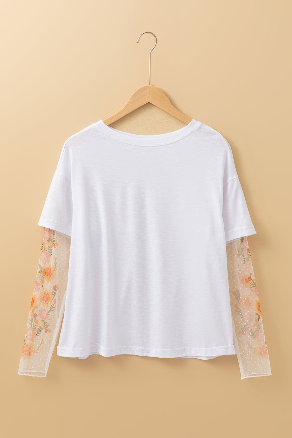 Blue Zone Planet | White Faux Two Piece Floral Long Sleeve Patchwork Tee-Tops/Long Sleeve Tops-[Adult]-[Female]-2022 Online Blue Zone Planet