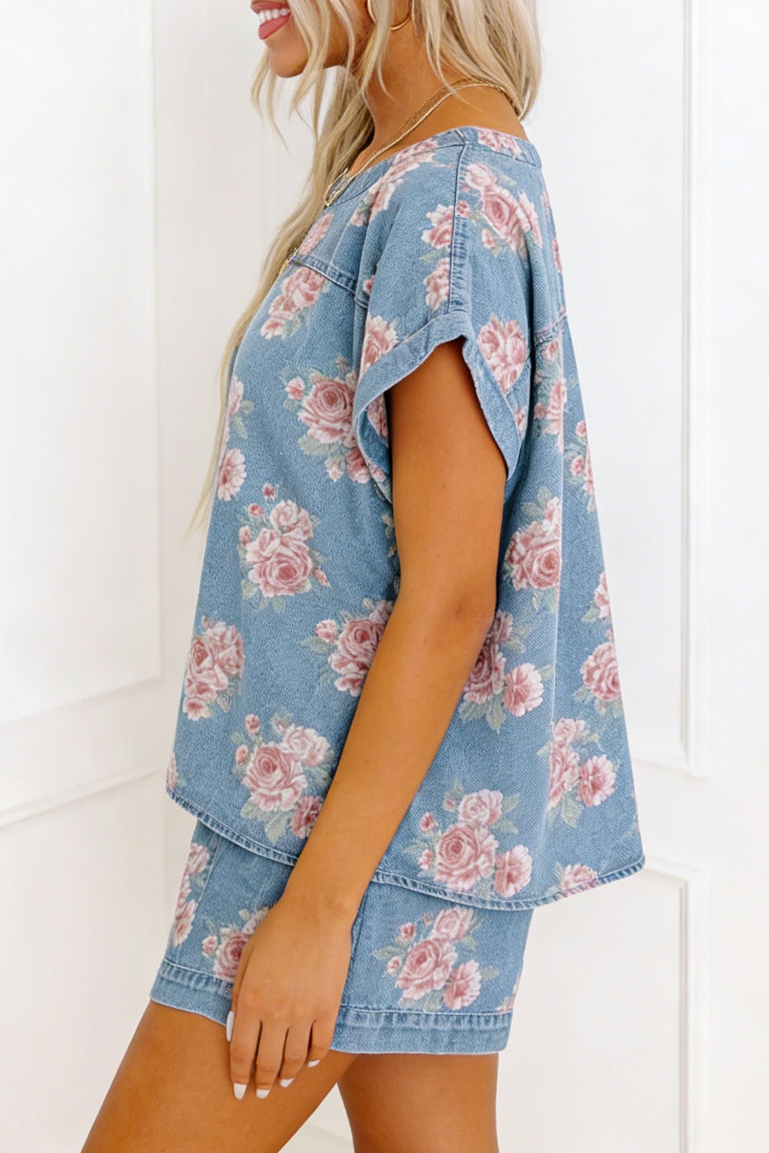 Sky Blue Floral Denim Short Sleeve Top Loose Shorts 2pcs Set-Two Piece Sets/Short Sets-[Adult]-[Female]-2022 Online Blue Zone Planet