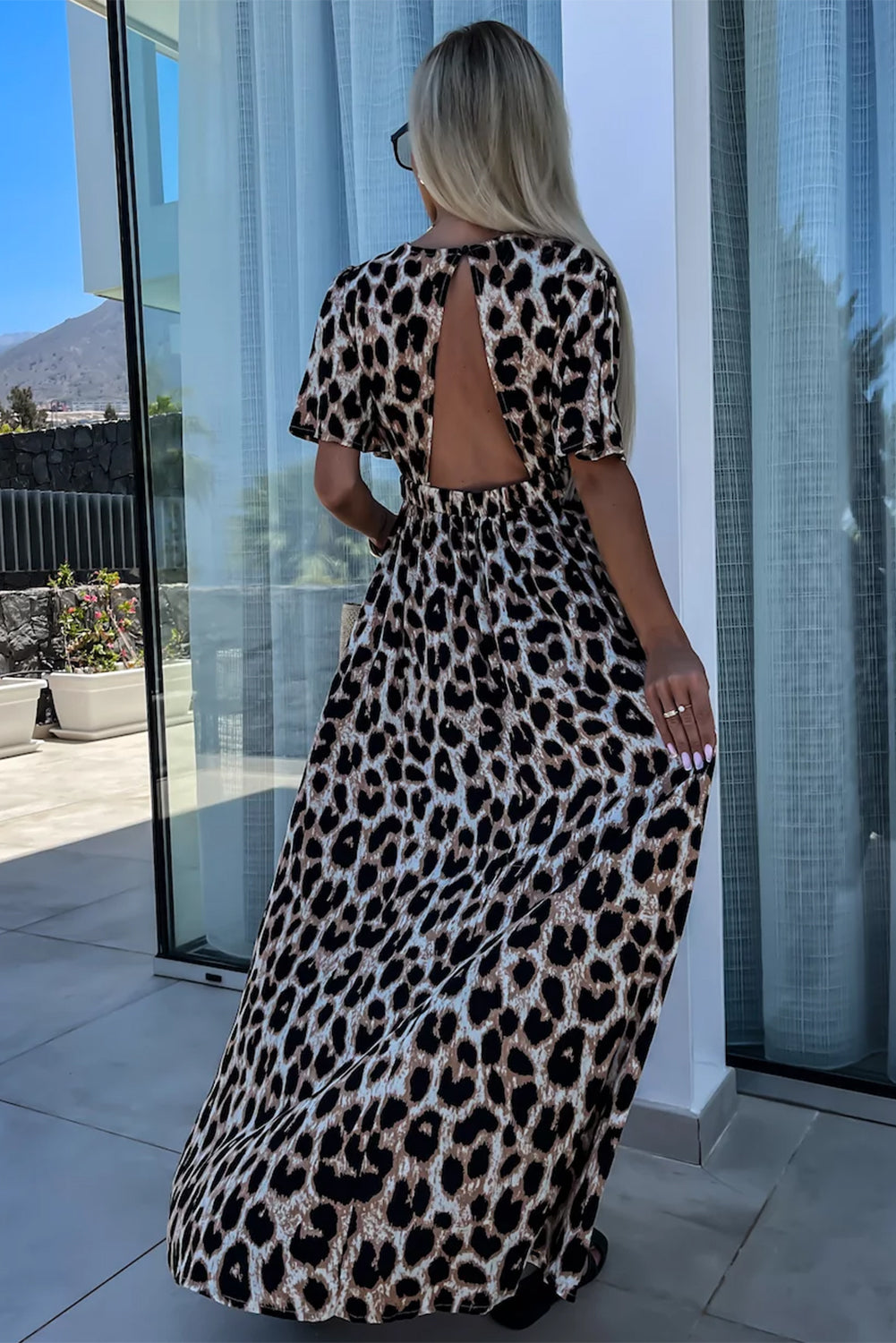 Khaki Leopard V Neck Cinched High Waist Open Back Maxi Dress-Maxi Dresses-[Adult]-[Female]-2022 Online Blue Zone Planet