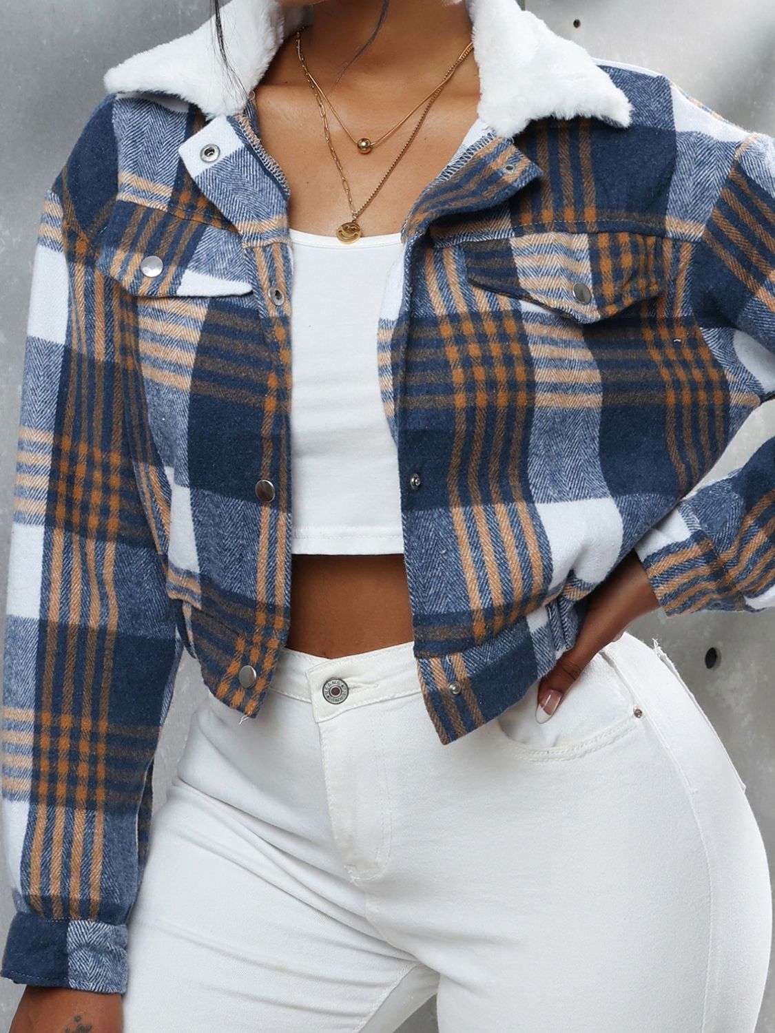 Blue Zone Planet | Plaid Snap Down Collared Neck Cropped Jacket-TOPS / DRESSES-[Adult]-[Female]-Blue/Orange-S-2022 Online Blue Zone Planet