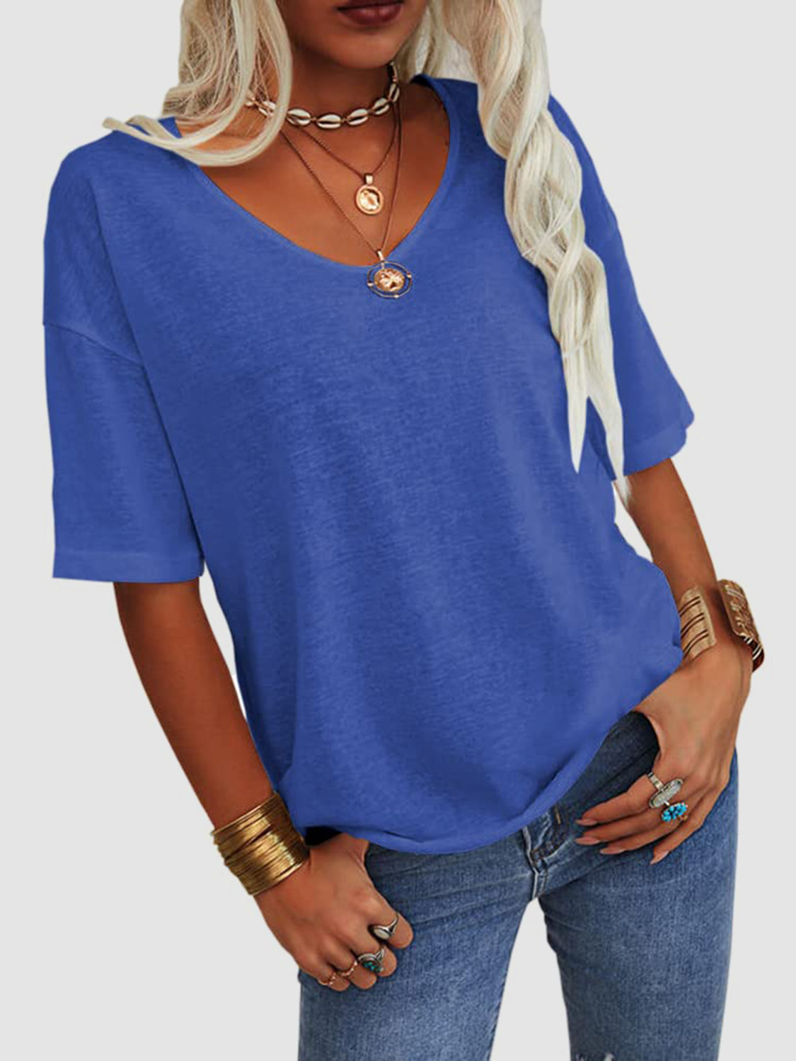 V-Neck Dropped Shoulder Half Sleeve T-Shirt-TOPS / DRESSES-[Adult]-[Female]-Royal Blue-S-2022 Online Blue Zone Planet