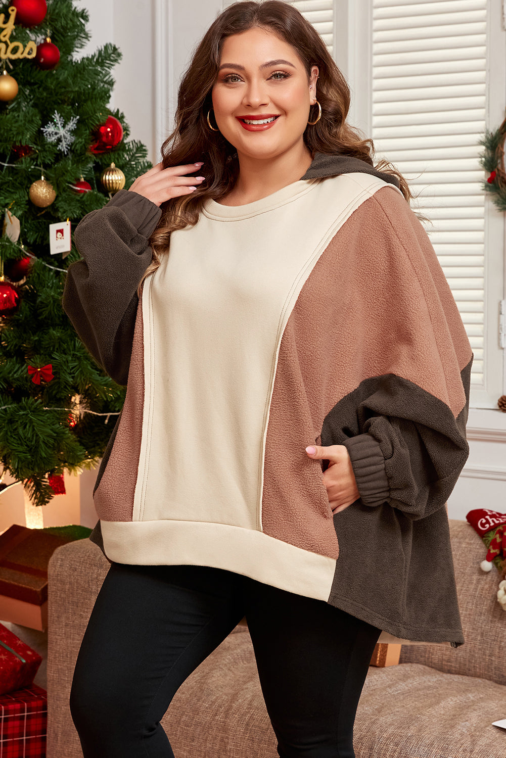 Brown Exposed Seam Colorblock Plus Size Hoodie-Plus Size/Plus Size Sweatshirts & Hoodies-[Adult]-[Female]-2022 Online Blue Zone Planet