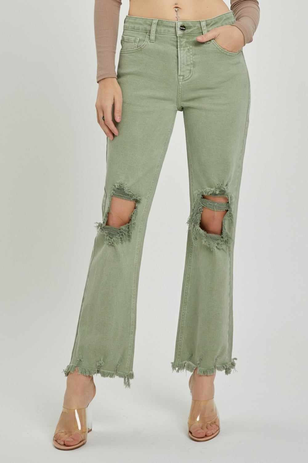 Blue Zone Planet | RISEN Distressed Ankle Bootcut Jeans-TOPS / DRESSES-[Adult]-[Female]-Olive-0-2022 Online Blue Zone Planet