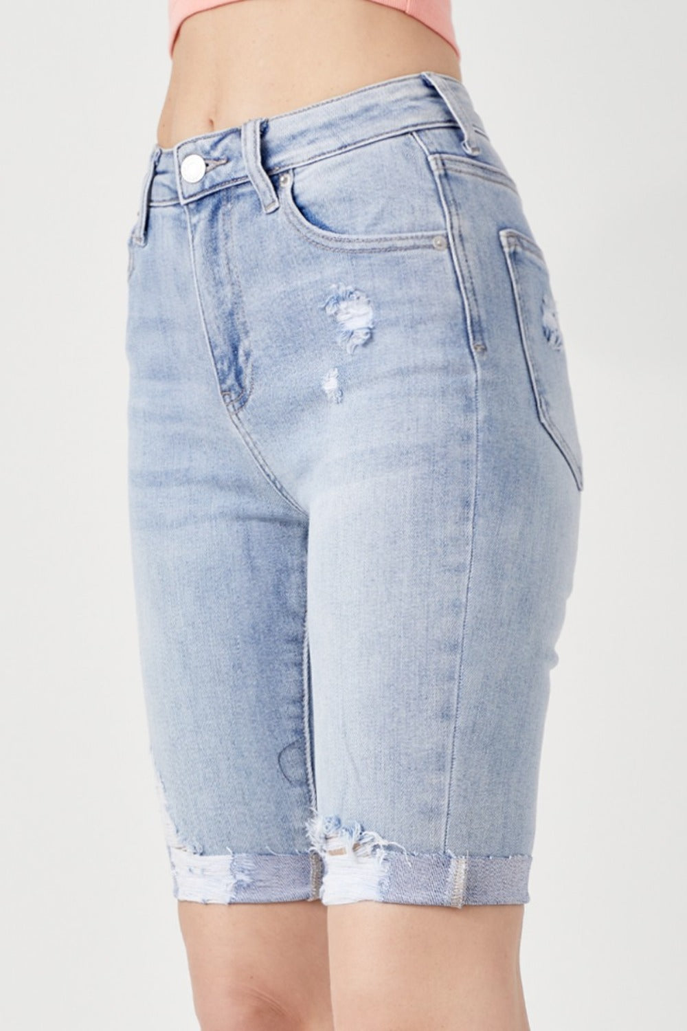 RISEN High Rise Distressed Denim Bermuda Shorts-BOTTOMS SIZES SMALL MEDIUM LARGE-[Adult]-[Female]-2022 Online Blue Zone Planet