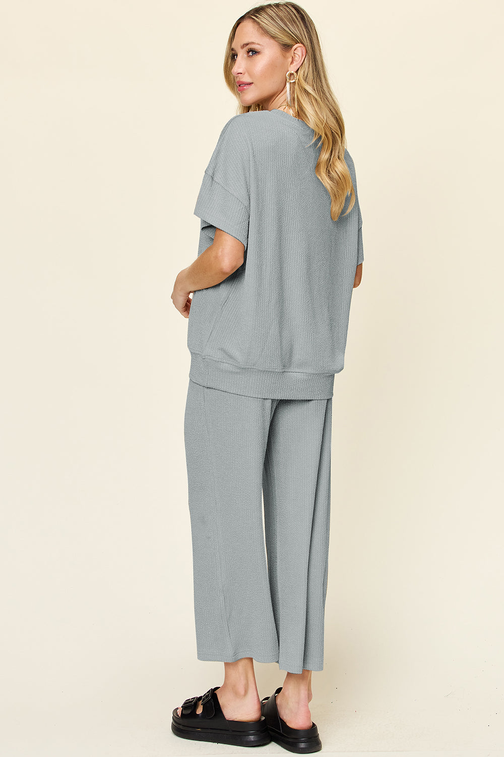 Blue Zone Planet | Double Take Full Size Texture Round Neck Short Sleeve T-Shirt and Wide Leg Pants-TOPS / DRESSES-[Adult]-[Female]-2022 Online Blue Zone Planet