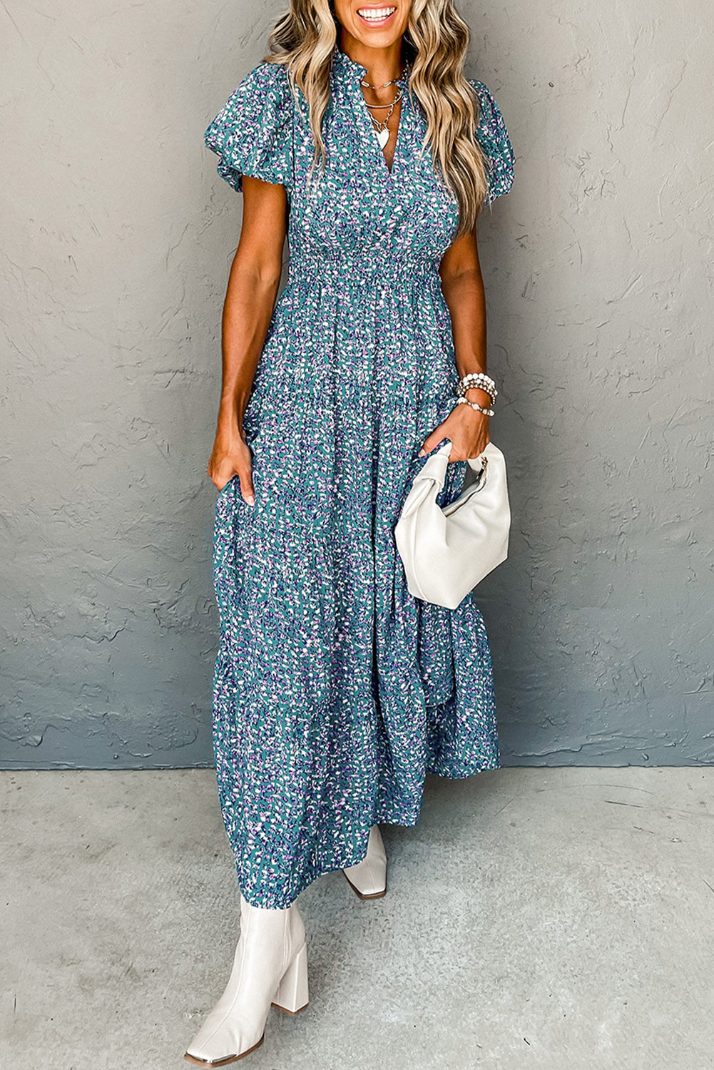 Blue Zone Planet | Blue Printed V Neck Shirred Short Puff Sleeve Maxi Dress-TOPS / DRESSES-[Adult]-[Female]-Blue-S-2022 Online Blue Zone Planet