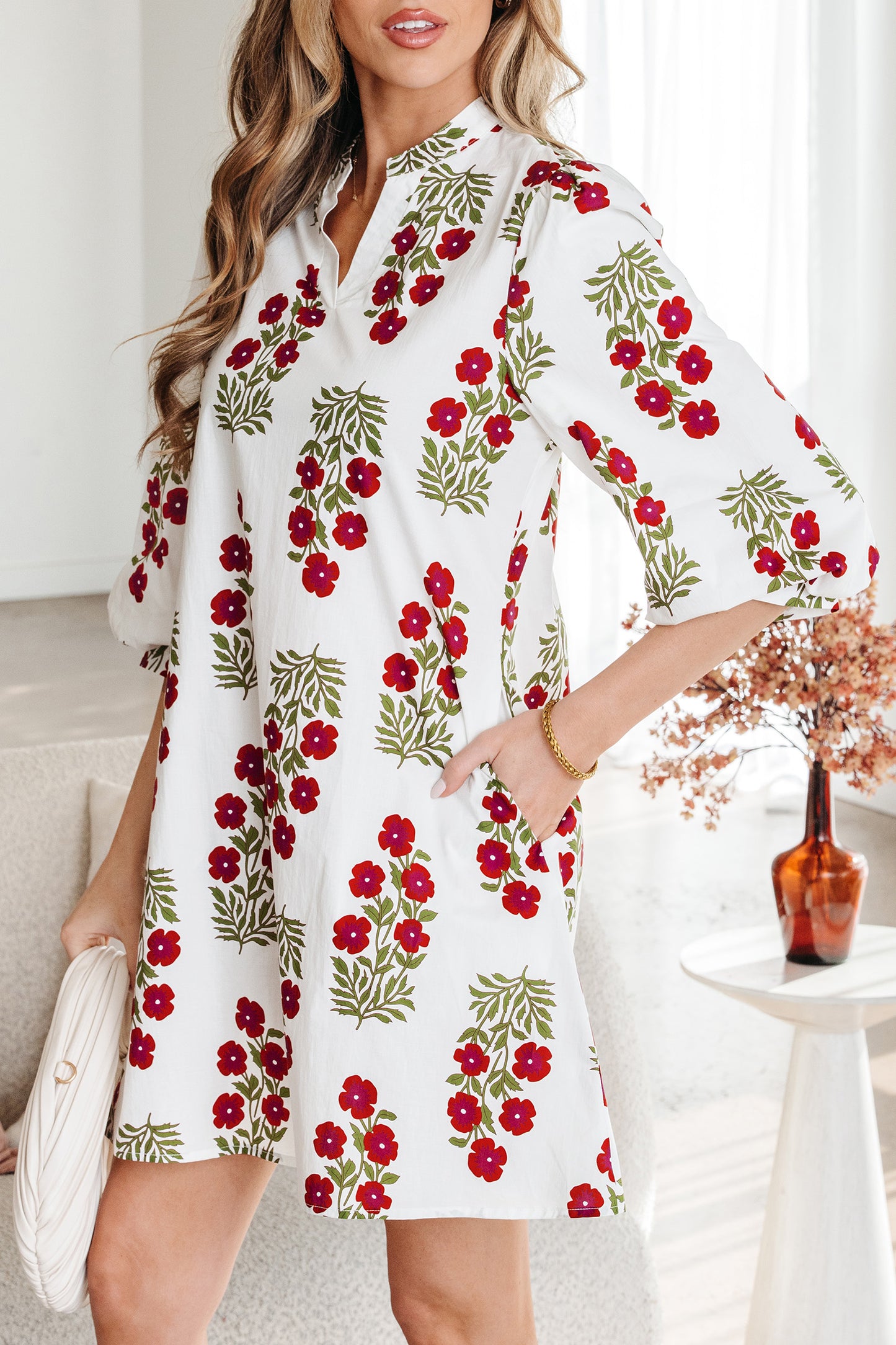White Floral Print V Neck 3/4 Sleeve Loose Mini Dress-TOPS / DRESSES-[Adult]-[Female]-2022 Online Blue Zone Planet