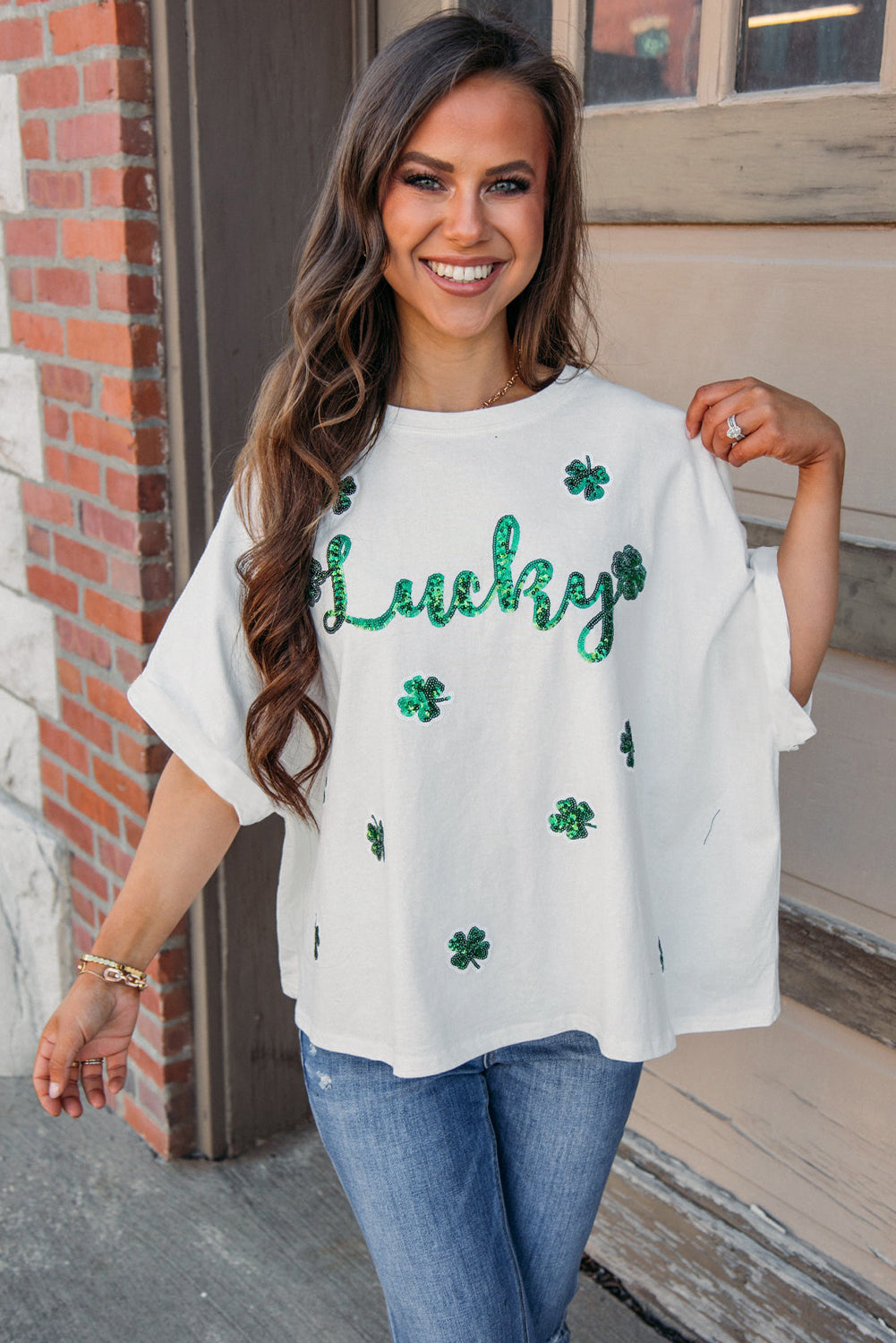 White St Patrick Lucky Clover Sequin Graphic T Shirt-T Shirts-[Adult]-[Female]-2022 Online Blue Zone Planet