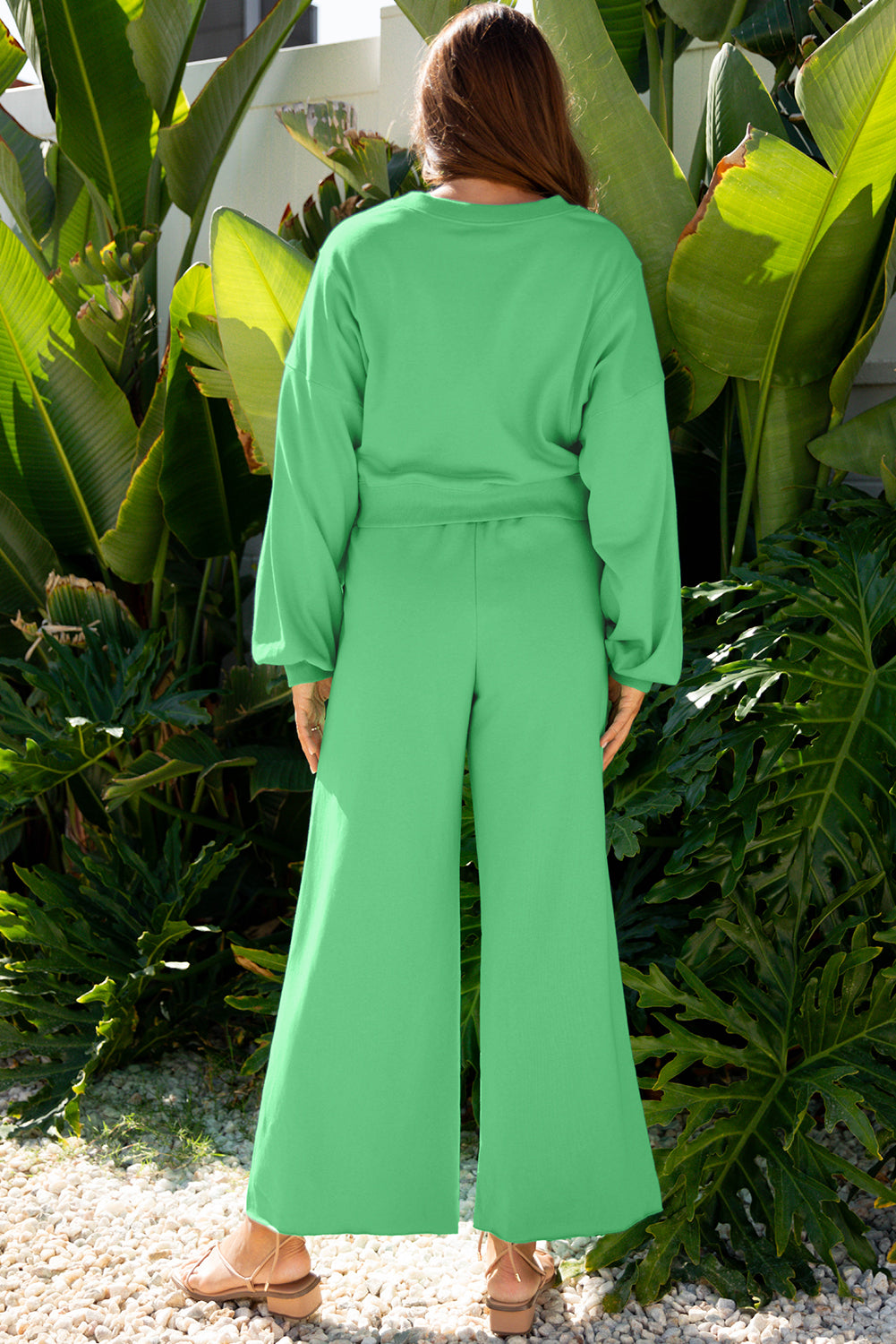 Bright Green Drop Shoulder Puff Sleeve Crop Pullover Drawstring Wide Leg Pants Set-Two Piece Sets/Pant Sets-[Adult]-[Female]-2022 Online Blue Zone Planet