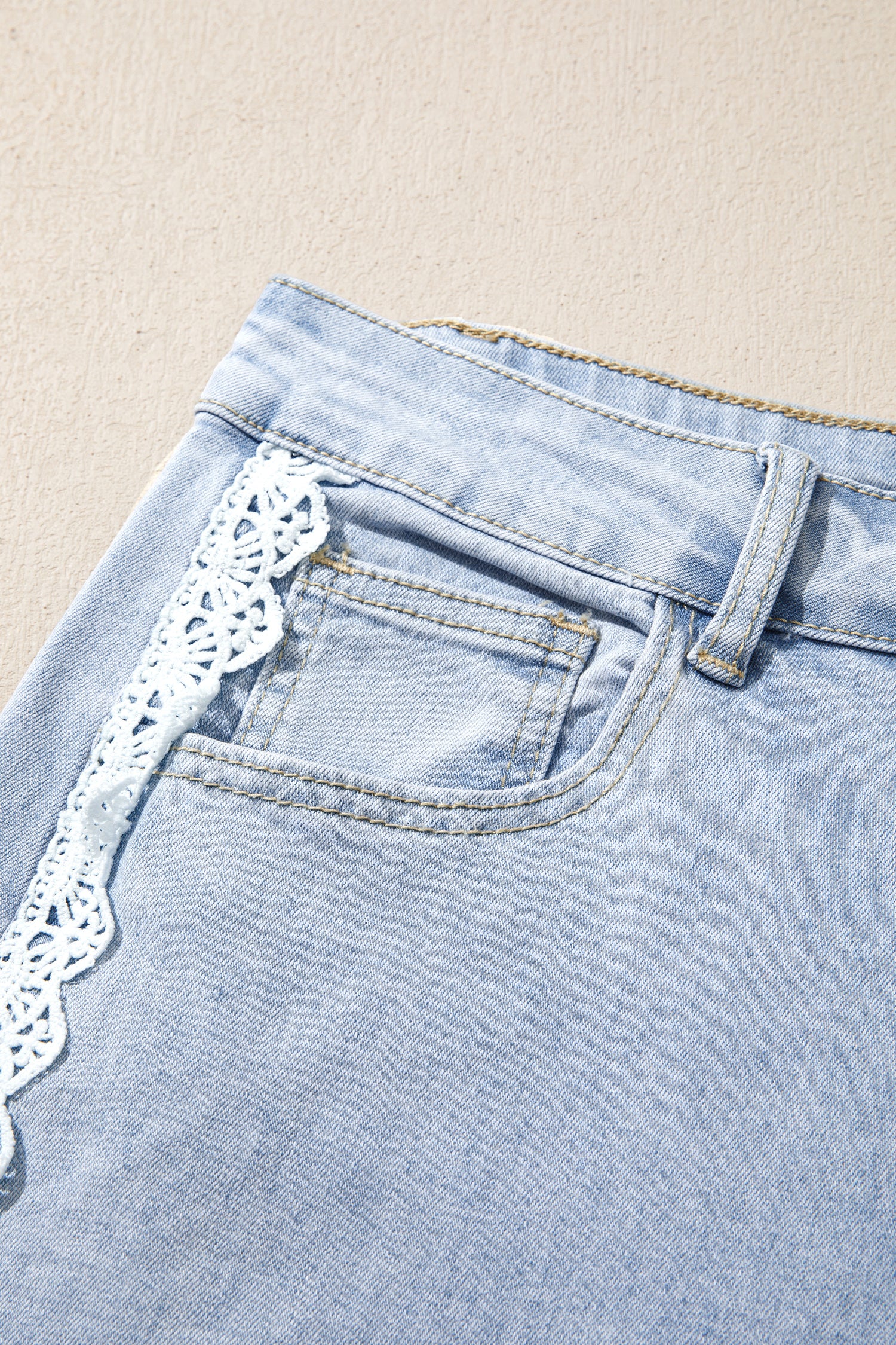 Beau Blue Lace Trim Casual Full-Length Regular Fit Jeans-Bottoms/Jeans-[Adult]-[Female]-2022 Online Blue Zone Planet