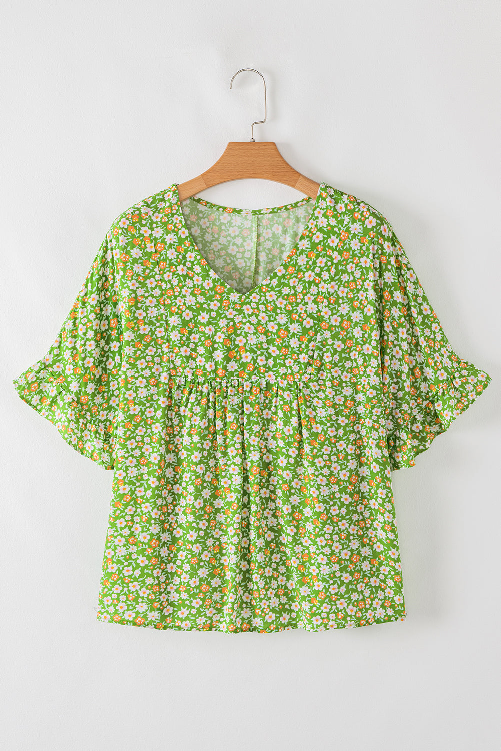 Green Floral Print Ruffle Sleeve V Neck Blouse Top-Tops/Blouses & Shirts-[Adult]-[Female]-2022 Online Blue Zone Planet