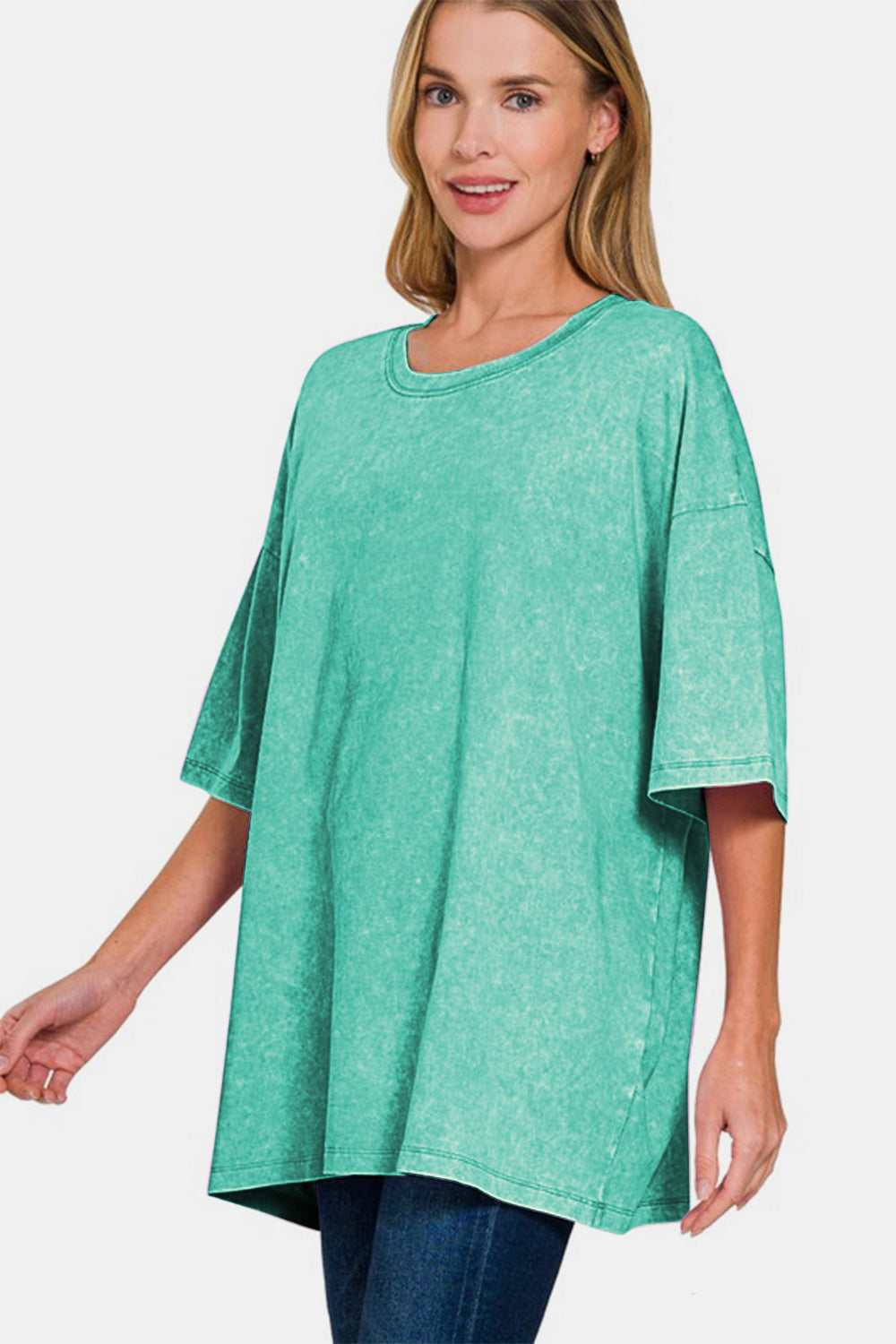 Blue Zone Planet | Zenana Full Size Washed Round Neck Drop Shoulder Oversized T-Shirt-TOPS / DRESSES-[Adult]-[Female]-2022 Online Blue Zone Planet